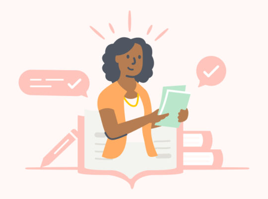 A drawing of a person holding a green book.