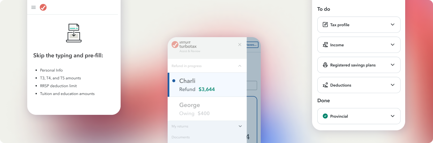 Three images of TurboTax pages on a mobile phone. One shows Auto-fill my return, one shows a refund tracker, and one shows a to-do list of tax topics. 