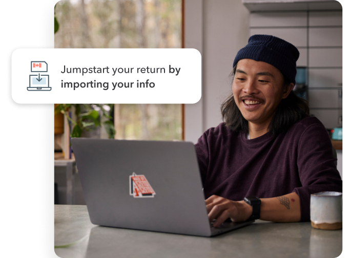 A young man smiling while working on his laptop in his home setting. Secondary illustration with “Jumpstart your return by importing your info” text and laptop icon.