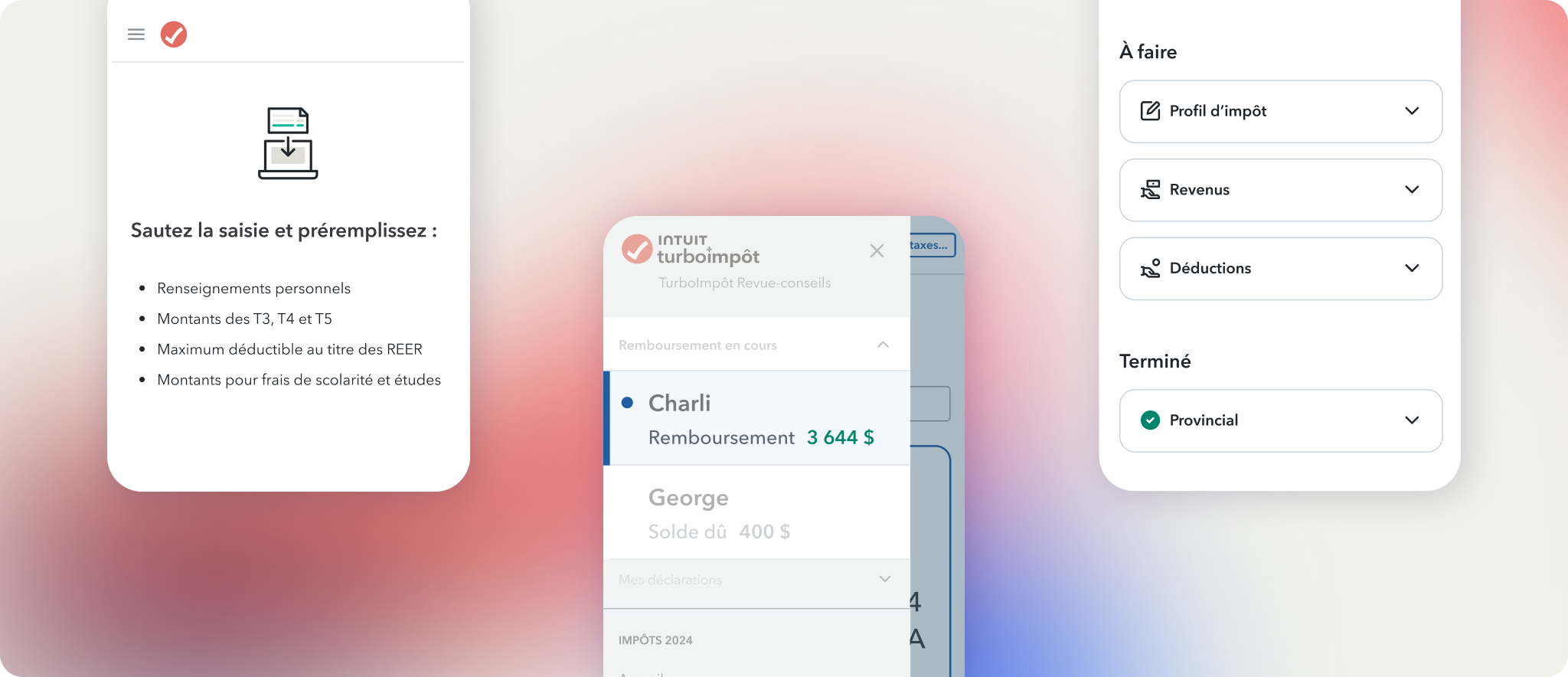 Trois images de pages TurboImpôt sur un téléphone mobile. Une montre la fonction Préremplir ma déclaration; une montre le suivi d’un remboursement; et une montre une liste de choses à faire pour l’impôt.