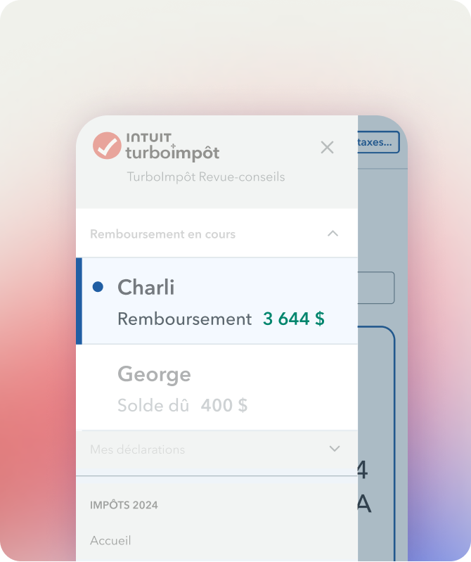 L’appli mobile TurboImpôt UI avec l’en-tête « Remboursement en cours » et deux onglets de déclarations conjointes avec des montants.